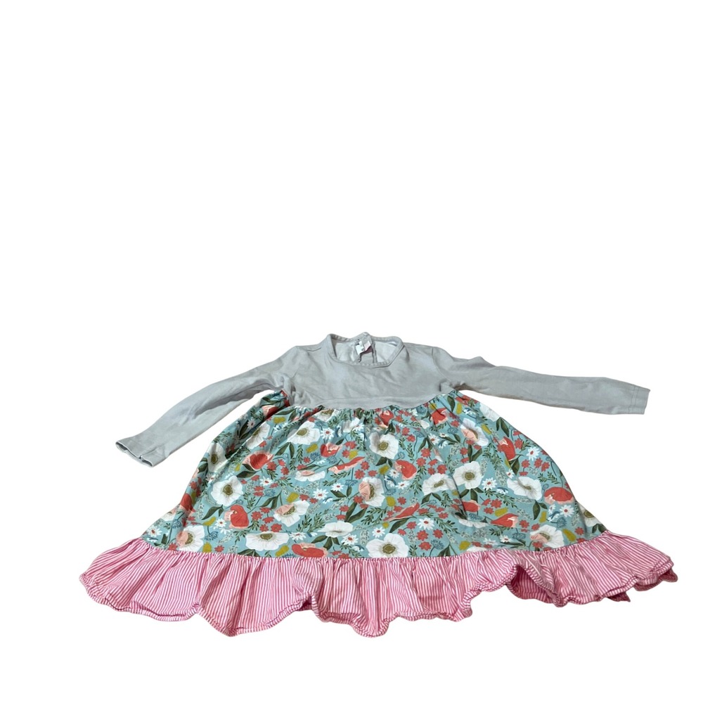 Ricrac & Ruffles Girls Size 5 Floral Stripe Ruffle Long Sleeve Dress Grey